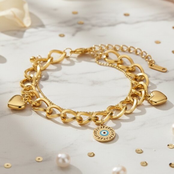 🆕️ Double Chain 18K Gold Plated Stainless Steel Bracelet with Heart Evil Eye - Picture 5 of 11